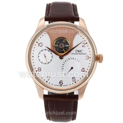 IWC Portuguese F.A Jones Tourbillon Working Power Reserve Automatic Rose Gold Case with White Dial-Leather Strap
