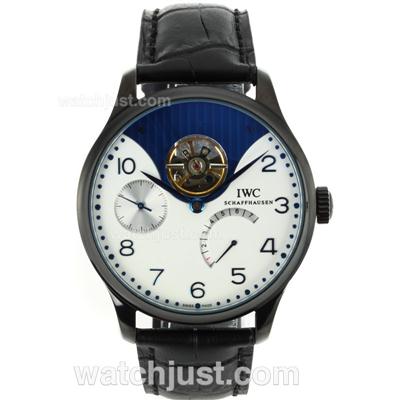 IWC Portuguese Tourbillon Working Power Reserve Automatic PVD Case Blue Markers with White Dial-Leather Strap