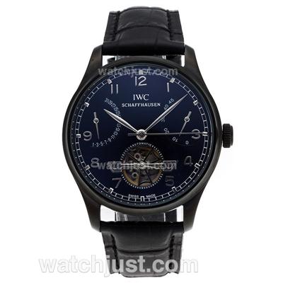 IWC Portuguese Tourbillon Working Power Reserve Automatic PVD Case with Black Dial-Leather Strap