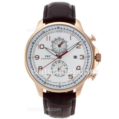 IWC Portuguese Two Time Zone Automatic Rose Gold Case with White Dial-Leather Strap
