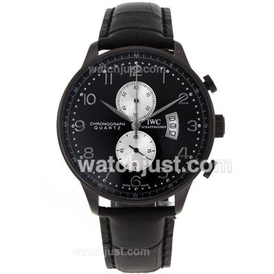 IWC Portuguese Working Chronograph PVD Case with Black Dial-Leather Strap