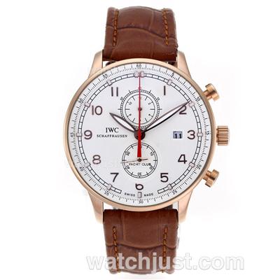 IWC Portuguese Working Chronograph Rose Gold Case with White Dial-Leather Strap