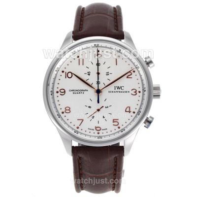 IWC Portuguese Working Chronograph Rose Gold Number Markers with White Dial-Leather Strap