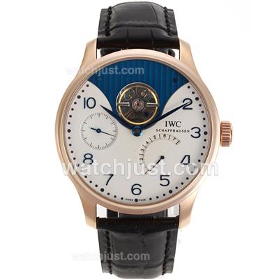 IWC Portuguese Working Power Reserve Automatic Rose Gold Case Blue Number Markers with White Dial-Leather Strap