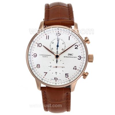 IWC Regulateur Working Chronograph Rose Gold Case and Number Markers with White Dial-Leather Strap
