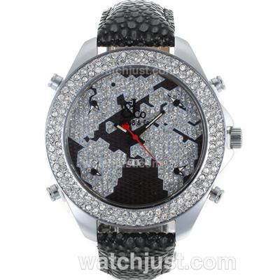 Jacob & Co Classic Five Time Zone Diamond Bezel and Dial with Black Leather Strap-Flower Illustration