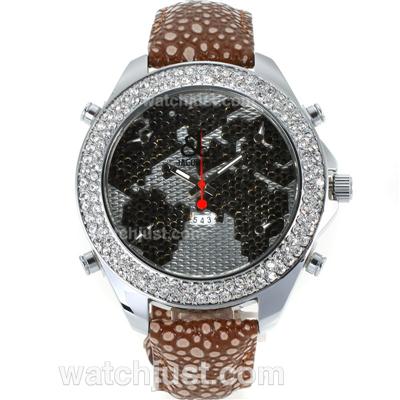 Jacob & Co Classic Five Time Zone Diamond Bezel and Dial with Brown Leather Strap-Flower Illustration