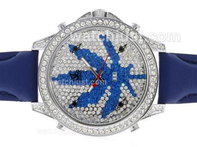 Jacob & Co Classic Five Time Zone Diamond Bezel and Dial with Leather Strap-Blue Maple Illustration