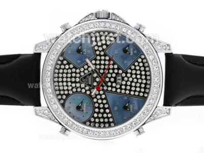 Jacob & Co Classic Five Time Zone Diamond Bezel and Dial with Leather Strap-Blue MOP