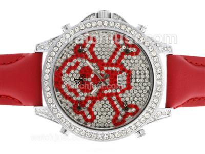 Jacob & Co Classic Five Time Zone Diamond Bezel and Dial with Leather Strap-Red Skull & Cross Bones Illustration