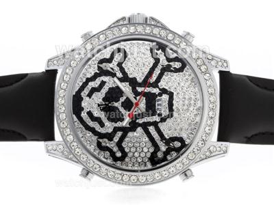 Jacob & Co Classic Five Time Zone Diamond Bezel and Dial with Leather Strap-Skull & Cross Bones Illustration