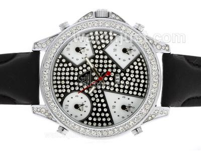 Jacob & Co Classic Five Time Zone Diamond Bezel and Dial with Leather Strap-White MOP