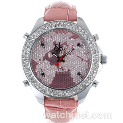 Jacob & Co Classic Five Time Zone Diamond Bezel and Dial with Pink Leather Strap-Flower Illustration