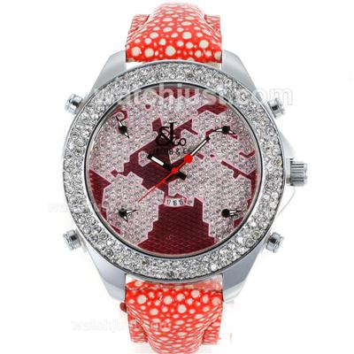Jacob & Co Classic Five Time Zone Diamond Bezel and Dial with Red Leather Strap-Flower Illustration