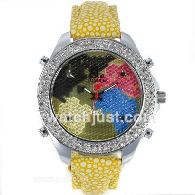 Jacob & Co Classic Five Time Zone Diamond Bezel and Dial with Yellow Leather Strap-Flower Illustration
