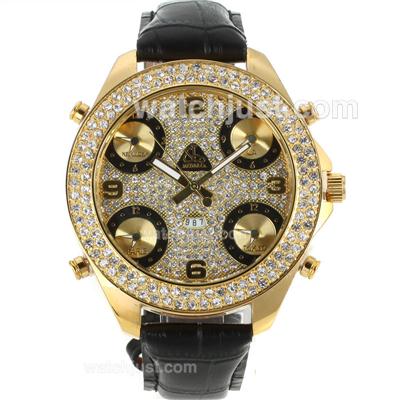 Jacob & Co Classic Five Time Zone Full Gold Case Diamond Bezel and Dial-Black Leather Strap