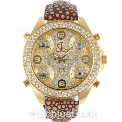 Jacob & Co Classic Five Time Zone Full Gold Case Diamond Bezel and Dial-Brown Leather Strap