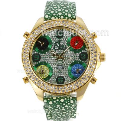Jacob & Co Classic Five Time Zone Full Gold Case Diamond Bezel and Dial-Green Leather Strap