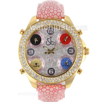 Jacob & Co Classic Five Time Zone Full Gold Case Diamond Bezel and Dial-Pink Leather Strap