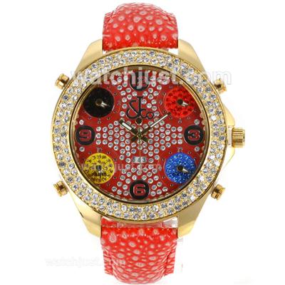 Jacob & Co Classic Five Time Zone Full Gold Case Diamond Bezel and Dial-Red Leather Strap