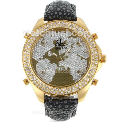 Jacob & Co Classic Five Time Zone Full Gold Case Diamond Bezel and Dial with Black Leather Strap-Flower Illustration
