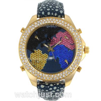 Jacob & Co Classic Five Time Zone Full Gold Case Diamond Bezel and Dial with Blue Leather Strap-Flower Illustration