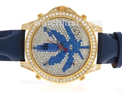 Jacob & Co Classic Five Time Zone Gold Case Diamond Bezel and Dial with Leather Strap-Blue Maple Illustration