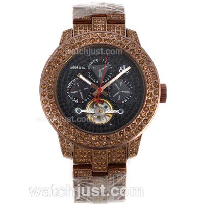 Jacob & Co Rainbow Tourbillon Automatic Full Coffee Gold Diamond Case and Black Diamond Dial