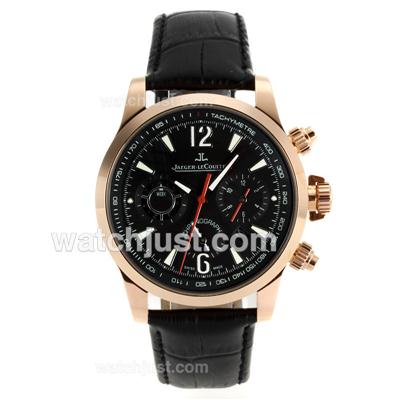 Jaeger-Lecoultre Master Compressor Automatic Rose Gold Case Stick Markers with Black Dial-Leather Strap