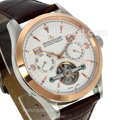 Jaeger-Lecoultre Master Control Perpetural Calendar Tourbillon Automatic Rose Gold Bezel with White Dial-Leather Strap