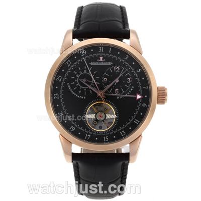 Jaeger-Lecoultre Master Control Tourbillon Automatic Rose Gold Case with Black Dial-Leather Strap