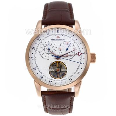 Jaeger-Lecoultre Master Control Tourbillon Automatic Rose Gold Case with White Dial-Leather Strap