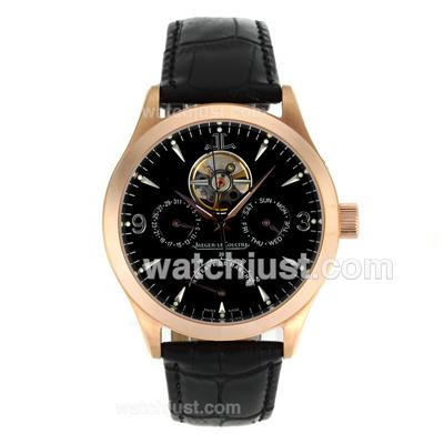 Jaeger-Lecoultre Master Control Tourbillon Working Power Reserve Automatic Rose Gold Case with Black Dial-Leather Strap