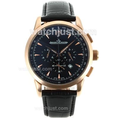 Jaeger-Lecoultre Master Control Working Chronograph Rose Gold Case with Black Dial-Leather Strap