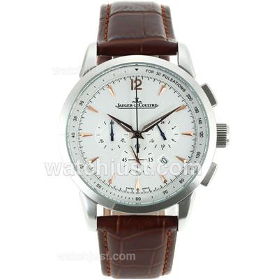 Jaeger-Lecoultre Master Control Working Chronograph with White Dial-Leather Strap