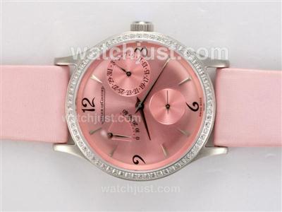 Jaeger-LeCoultre Master Reserve de Marche Automatic Power Reserve Working Diamond Bezel with Pink Dial and Strap Lady Si