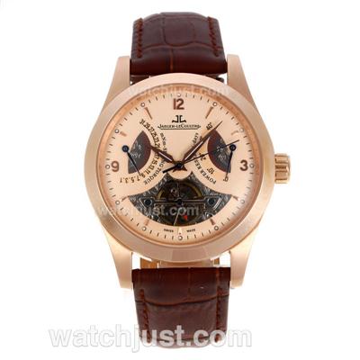 Jaeger-LeCoultre Master Tourbillon Working Power Reserve Automatic Rose Gold Case with Golden Dial-Leather Strap