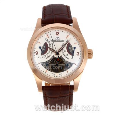 Jaeger-LeCoultre Master Tourbillon Working Power Reserve Automatic Rose Gold Case with White Dial-Leather Strap