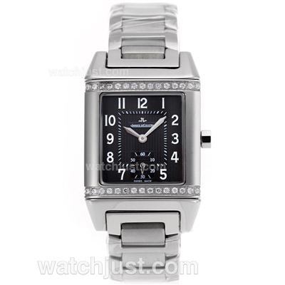 Jaeger-Lecoulbre Reverso Diamond Bezel with Black Dial S/S-Sapphire Glass