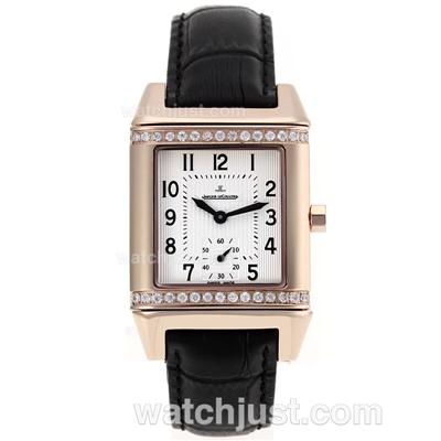 Jaeger-Lecoulbre Reverso Rose Gold Case Diamond Bezel with White Dial-Sapphire Glass