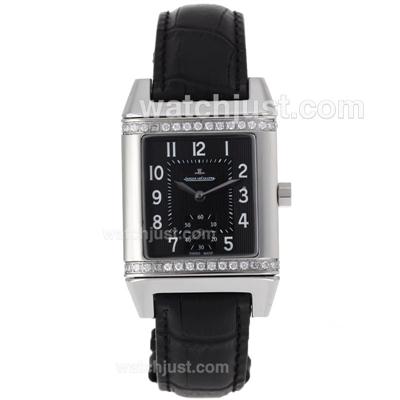 Jaeger-Lecoultre Reverso Diamond Bezel with Black Dial-Leather Strap