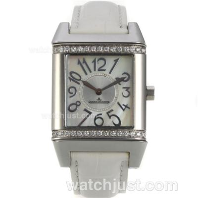 Jaeger-Lecoultre Reverso Diamond Bezel with White MOP Dial-Leather Strap