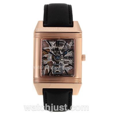 Jaeger-Lecoultre Reverso Manual Winding Rose Gold Case Stick Markers with Skeleton Dial-S/S