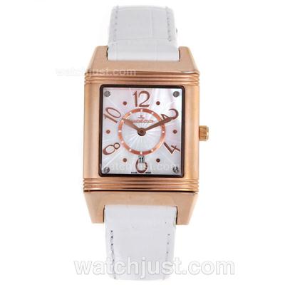 Jaeger-Lecoultre Reverso Rose Gold Case MOP Dial with White Leather Strap