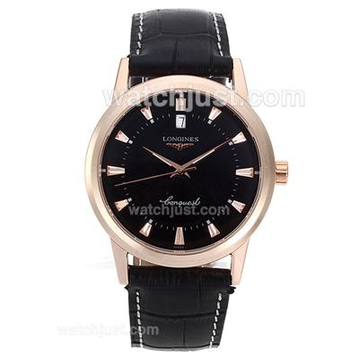 Longines Conquest Rose Gold Case with Black Dial-Leather Strap