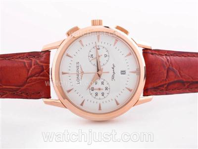 Longines Flagship Working Chronograph Rose Gold Case White Dial with Stick Marking
