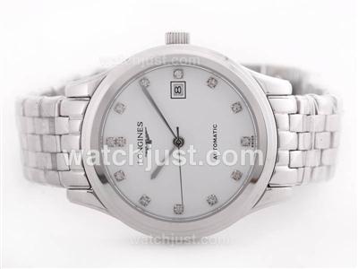 Longines Flaship Automatic with White Dial-Diamond Marking S/S