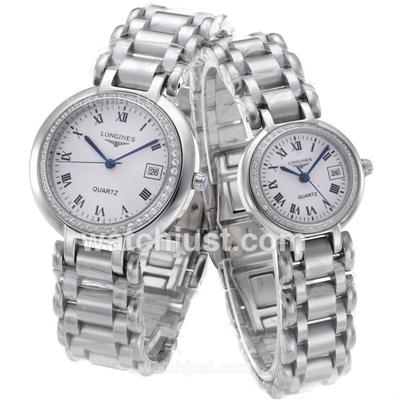 Longines PrimaLuna Diamond Bezel Roman Markers with White Dial-Couple Watch