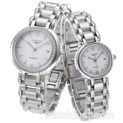 Longines PrimaLuna Diamond Bezel Stick Markers with White Dial-Couple Watch