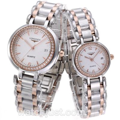 Longines PrimaLuna Two Tone Diamond Bezel Stick Markers with White Dial-Couple Watch